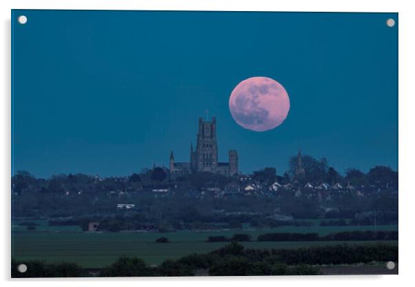 Full moon rising behind Ely Cathedral, 16th April 2022 Acrylic by Andrew Sharpe