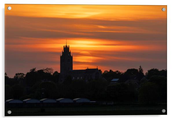Sunset behind St Andrew's Church, Sutton-in-the-Isle, Cambs Acrylic by Andrew Sharpe