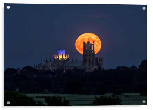 Strawberry Moon rising behind Ely Cathedral, 14th June 2022 Acrylic by Andrew Sharpe
