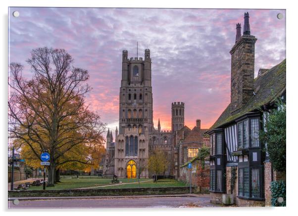Colourful sunrise behind Ely Cathedral, 23rd November 2023 Acrylic by Andrew Sharpe