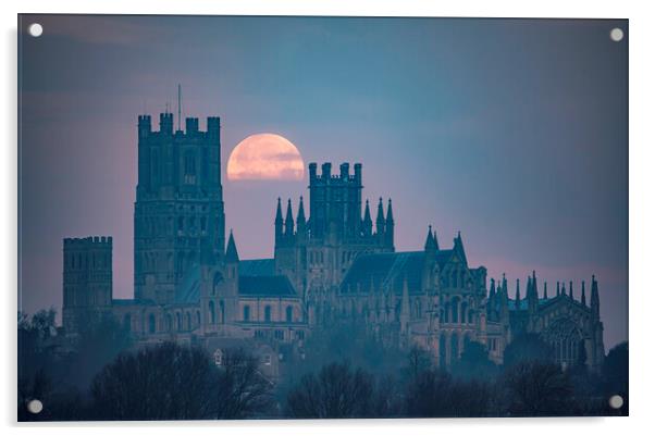 Moonset behind Ely Cathedral, 30th December 2020 Acrylic by Andrew Sharpe