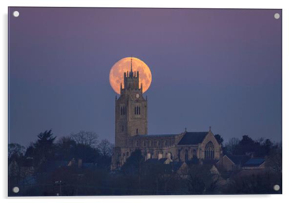 Snow Moon (or Hunger Moon) setting behind St Andrew's Church, Su Acrylic by Andrew Sharpe