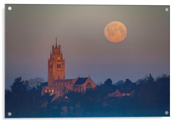 Snow Moon (or Hunger Moon) setting behind St Andrew's Church, Su Acrylic by Andrew Sharpe