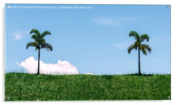 Two Solitary Palm Trees Standing on a Lush Green Hillside Against a Clear Blue Sky Acrylic by Alexandre Rotenberg