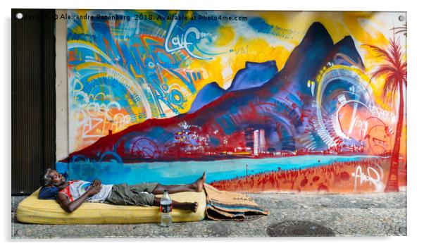 Afro-Brazilian man sleeps rough on a street with a Acrylic by Alexandre Rotenberg