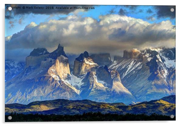 Sunrise in Torres del Paine Mountains - 3 Acrylic by Mark Seleny