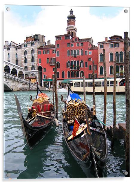 Gondolas near the Rialto Bridge in Venice Acrylic by Linda More