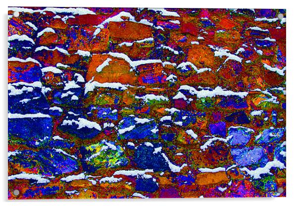Brick wall multi coloured snow winter Acrylic by Linda More