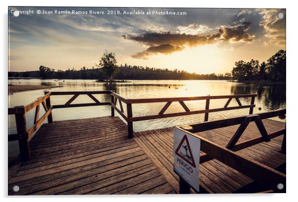 Pier with wooden balustrade illuminated by the sun Acrylic by Juan Ramón Ramos Rivero