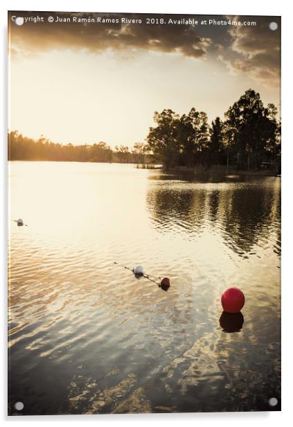 Red buoy in the golden waters by the sunset sun Acrylic by Juan Ramón Ramos Rivero