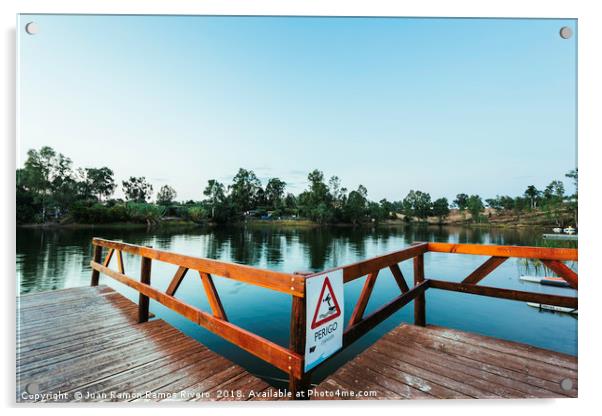 Wooden jetty with danger sign jumping into the wat Acrylic by Juan Ramón Ramos Rivero