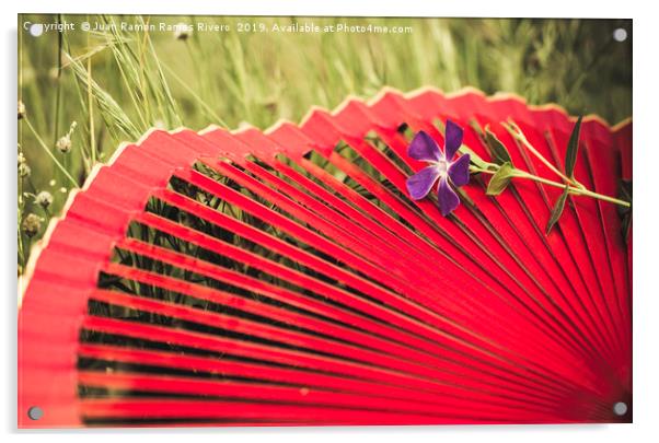 Red spanish fan and vinca major flower Acrylic by Juan Ramón Ramos Rivero