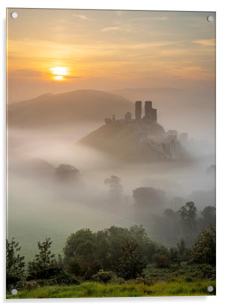 Misty Sunrise at Corfe Castle Acrylic by David Semmens