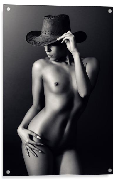Nude woman cowboy hat Acrylic by Johan Swanepoel