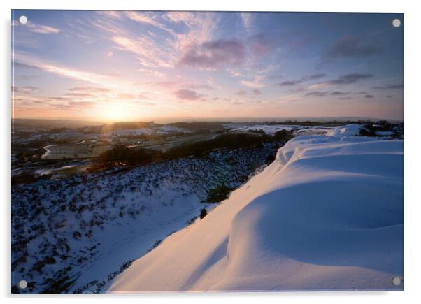 Pilsdon Pen Snowy Sunset Acrylic by David Neighbour