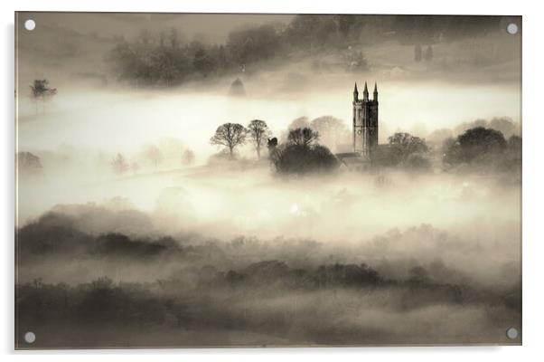 Widecombe-in-the-Mist - sepia Acrylic by David Neighbour