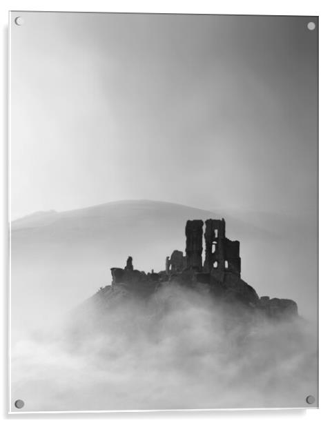 Corfe Castle, Black and White Acrylic by David Neighbour