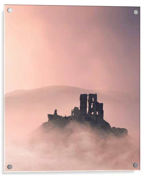 Corfe Castle Pink Mists Acrylic by David Neighbour