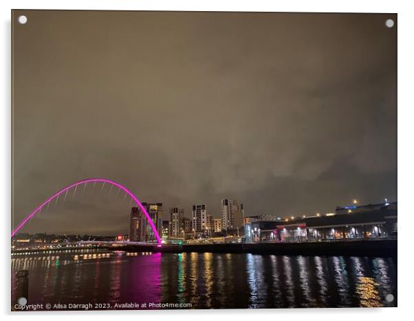 Pink Lit Millenium Bridge Gateshead Acrylic by Ailsa Darragh