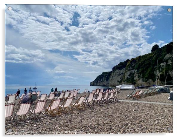 A view of deckchairs on Beer beach, Devon Acrylic by Ailsa Darragh