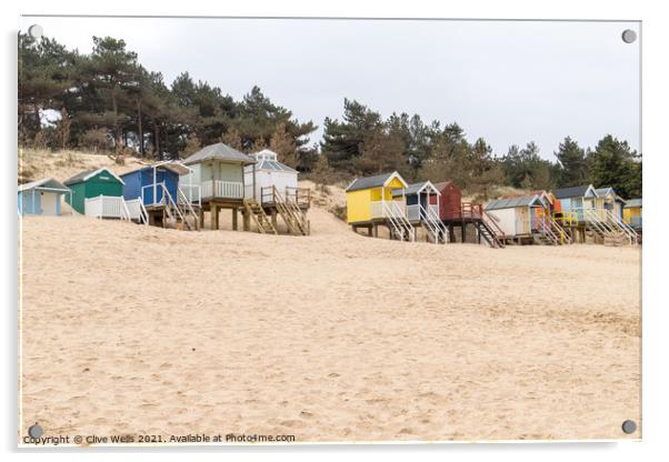 Coloured beach huts on the sand dunes Acrylic by Clive Wells