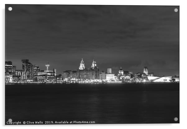 Night view of Liverpool waterfront in monochrome Acrylic by Clive Wells