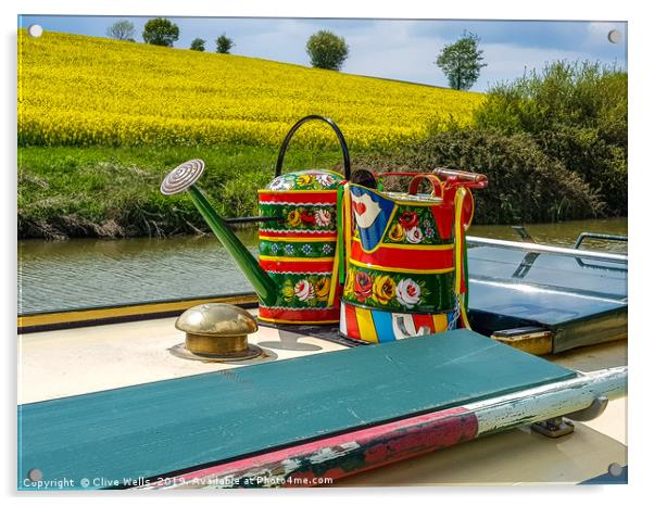 Watering cans on a narrow boat. Acrylic by Clive Wells