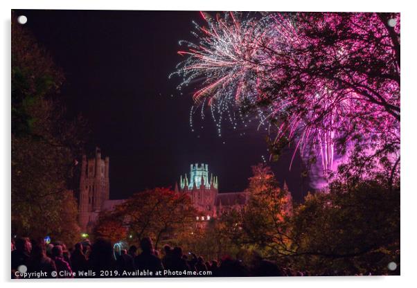 Fireworks over Ely Cathederal Acrylic by Clive Wells