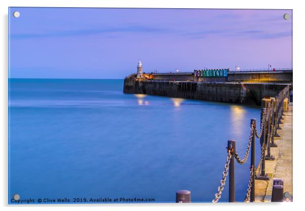 Folkestones Lighthouse at night Acrylic by Clive Wells