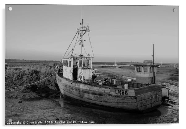 Monochrone fishing boat at Brancaster Staith Acrylic by Clive Wells