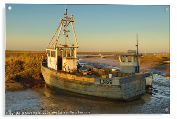 Fishing boat grounded at Brancaster Staith Acrylic by Clive Wells