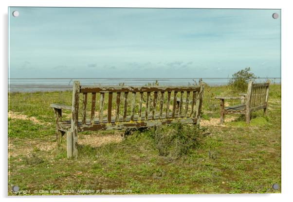 Wooden benches overlooking the Wash at Snettisham Acrylic by Clive Wells