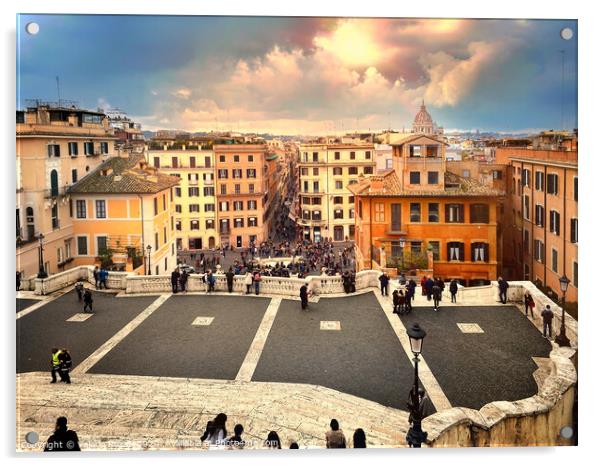 Panoramic view of Rome seen from the top of the Spanish Steps in Piazza di Spagna in a cloudy day. Acrylic by Valerio Rosati