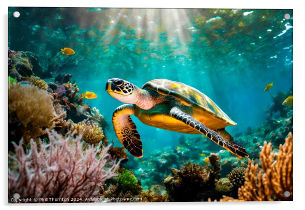 Single turtle glides effortlessly through a beauti Acrylic by Phill Thornton