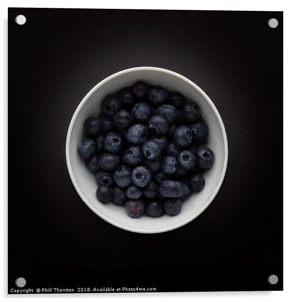 Still life of a bowl of Blueberries. Acrylic by Phill Thornton