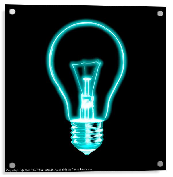 Outline of glowing electric light blue Light bulb, Acrylic by Phill Thornton