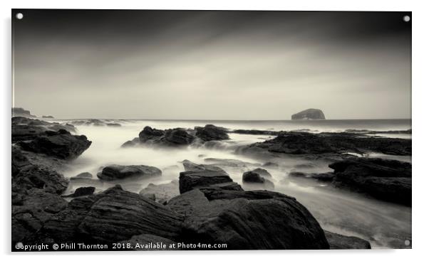 Bass Rock on a stormy day. Acrylic by Phill Thornton