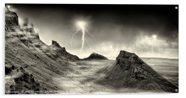 Lightning strikes over the Quiraing, Skye. Acrylic by Phill Thornton