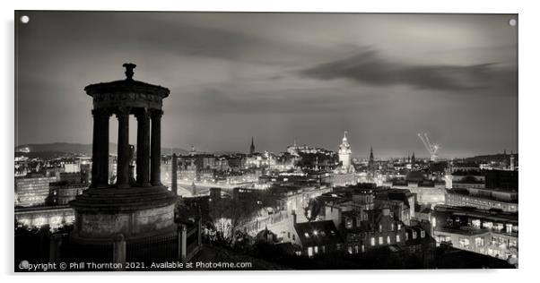 Evening skies over Edinburgh Castle panorama B&W Acrylic by Phill Thornton