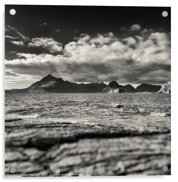 Black Cuillins and blue seas from Elgol Beach. B&W Acrylic by Phill Thornton
