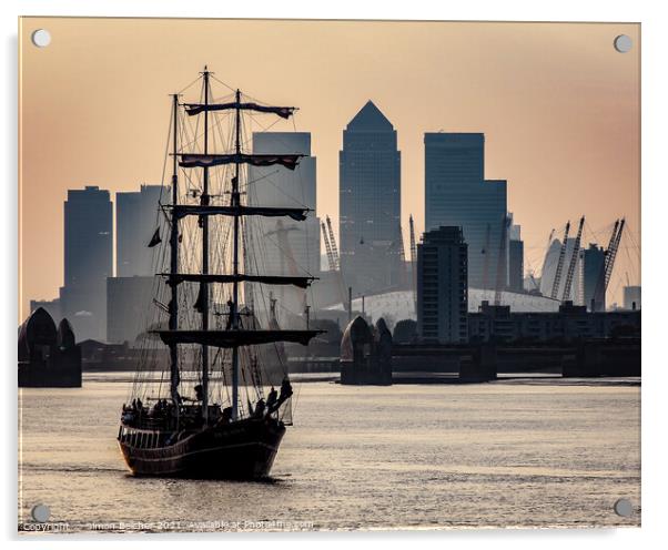Tall Ship on the Thames at Sunset Acrylic by Simon Belcher