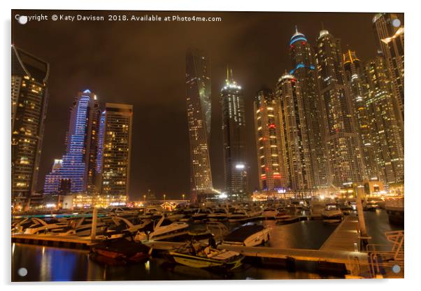 Dubai marina at night Acrylic by Katy Davison