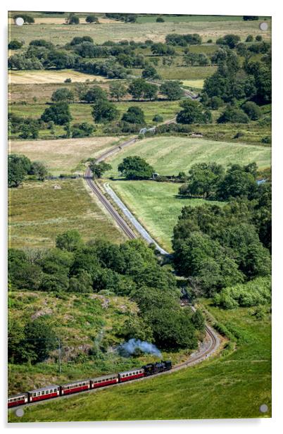 Welsh Highland Railway Garratt No87 between Nantmor and Pont Croesor.  Acrylic by David Thurlow