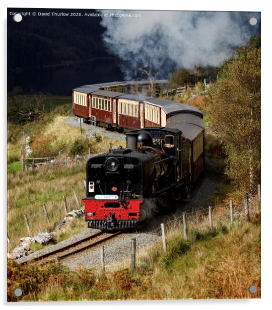 Welsh Highland Railway locomotive No87 winds its way to Rhyd Ddu. Acrylic by David Thurlow