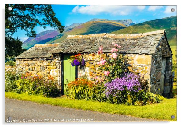 Flowers and stone hut with Blencathra behind Acrylic by Jon Sparks
