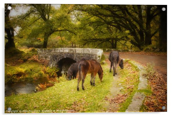 Ponies by a Dartmoor Bridge Acrylic by Jean Fry