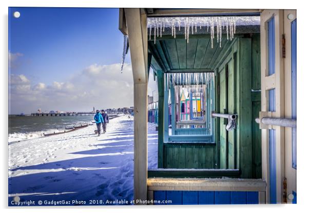 Icicles through the Beach Huts on a Winters day Acrylic by GadgetGaz Photo