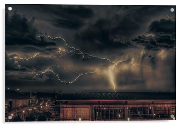 Lightning strike over chatham dockside Acrylic by stuart bingham