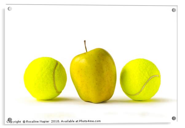 Yellow apple between two tennis balls Acrylic by Rosaline Napier