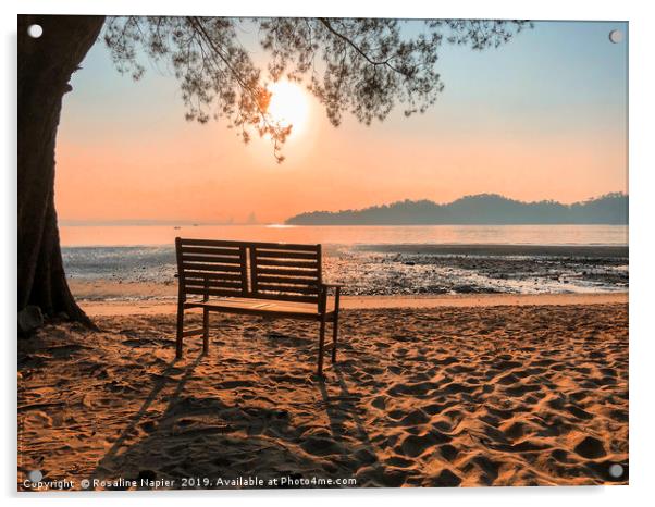 Tropical beach bench Acrylic by Rosaline Napier